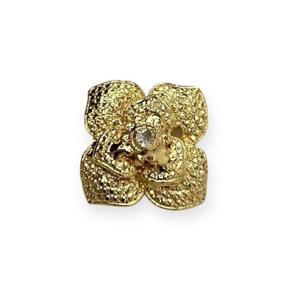 Handmade Gold-Tone Textured Flower Brooch with Rhinestone Center NWB - Picture 2 of 4